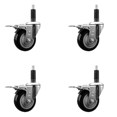 Service Caster 3.5'' SS Black Poly Swivel 1'' Expanding Stem Caster Set Total Lock Brake, 4PK SCC-SSEXTTL20S3514-PPUB-BLK-1-4